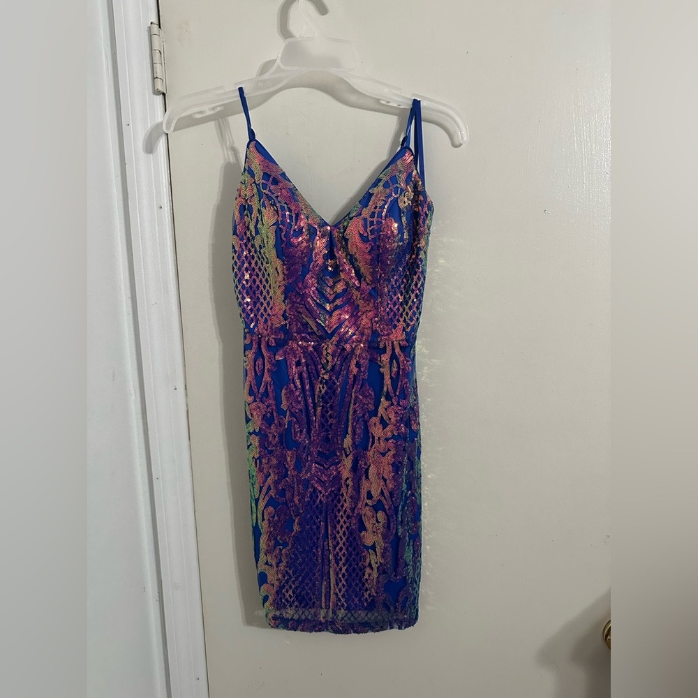 blue dress with holographic sequins